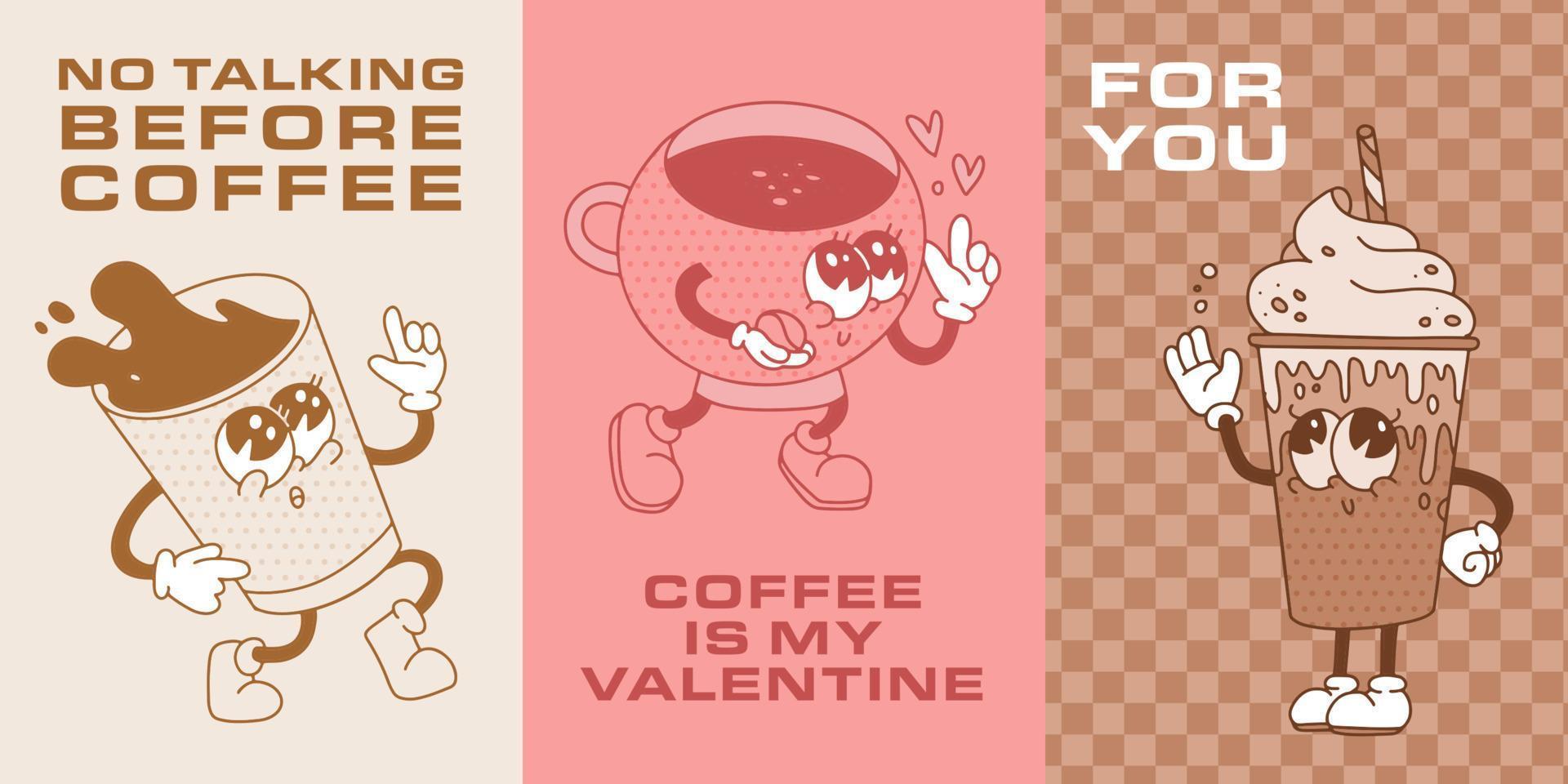 Set of Retro monochrome posters with cups of hot drink in 30s vintage cartoon style. Coffee characters in 4 0s, 50s, 60s old animation style. Vintage comic cafe mascots. Contour vector illustration.