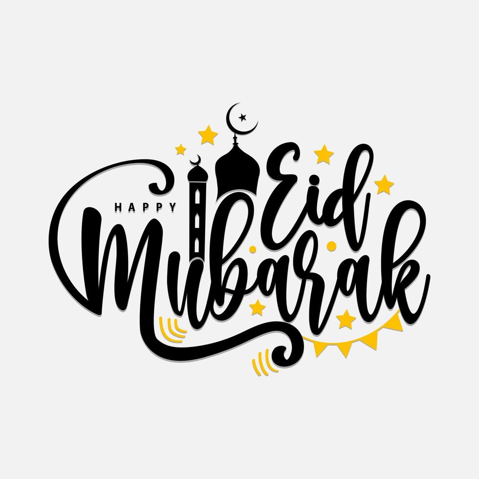 Isolated on calligraphy of happy eid mubarak vector illustration with black color hanging lantern moon and star stroke line.