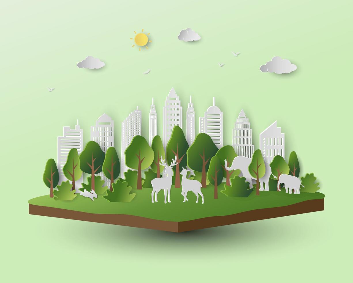 World environment day concept with paper art eco city and animals wildlife on isometric landscape vector