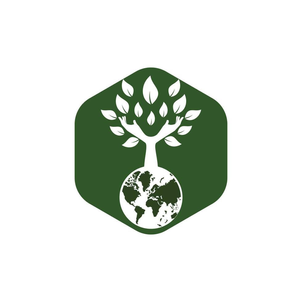 Globe and hand tree vector logo design. Nature and earth care concept.