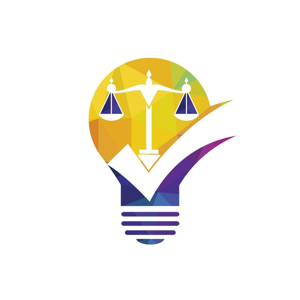 Law firm vector logo design. Law scale and check sign with lightbulb icon vector design.