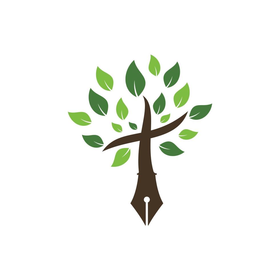 pluma de árbol y plantilla de diseño de logotipo de vector cruzado. clase de aprendizaje y enseñanza de la biblia.