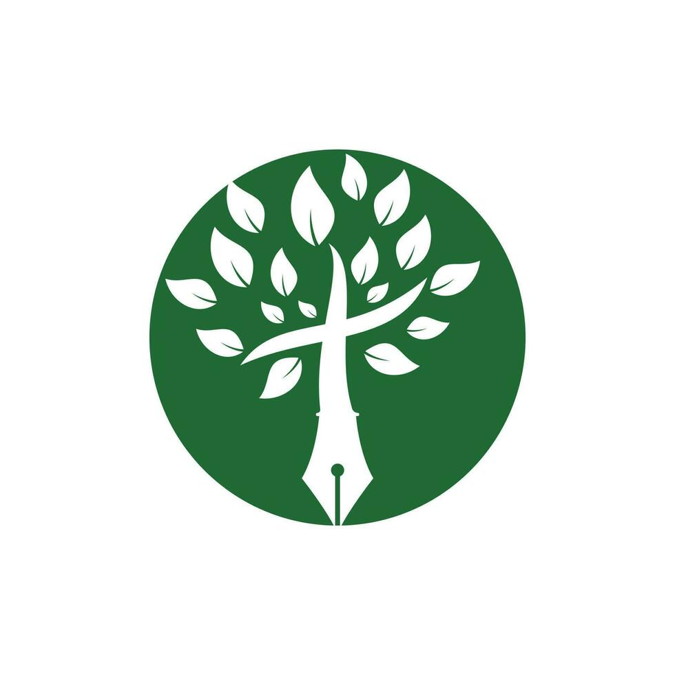 pluma de árbol y plantilla de diseño de logotipo de vector cruzado. clase de aprendizaje y enseñanza de la biblia.