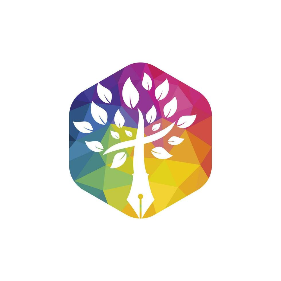 pluma de árbol y plantilla de diseño de logotipo de vector cruzado. clase de aprendizaje y enseñanza de la biblia.