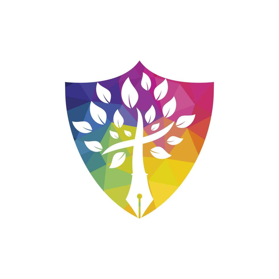 pluma de árbol y plantilla de diseño de logotipo de vector cruzado. clase de aprendizaje y enseñanza de la biblia.