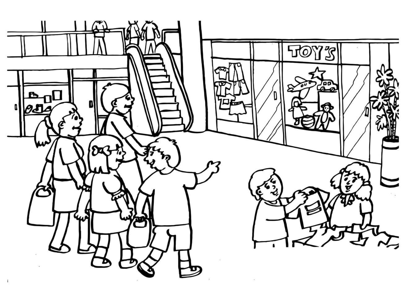 vector ilustración de un familia caminando alrededor en el súper mercado. adecuado para colorante libro, colorante páginas, bandera, póster, etc