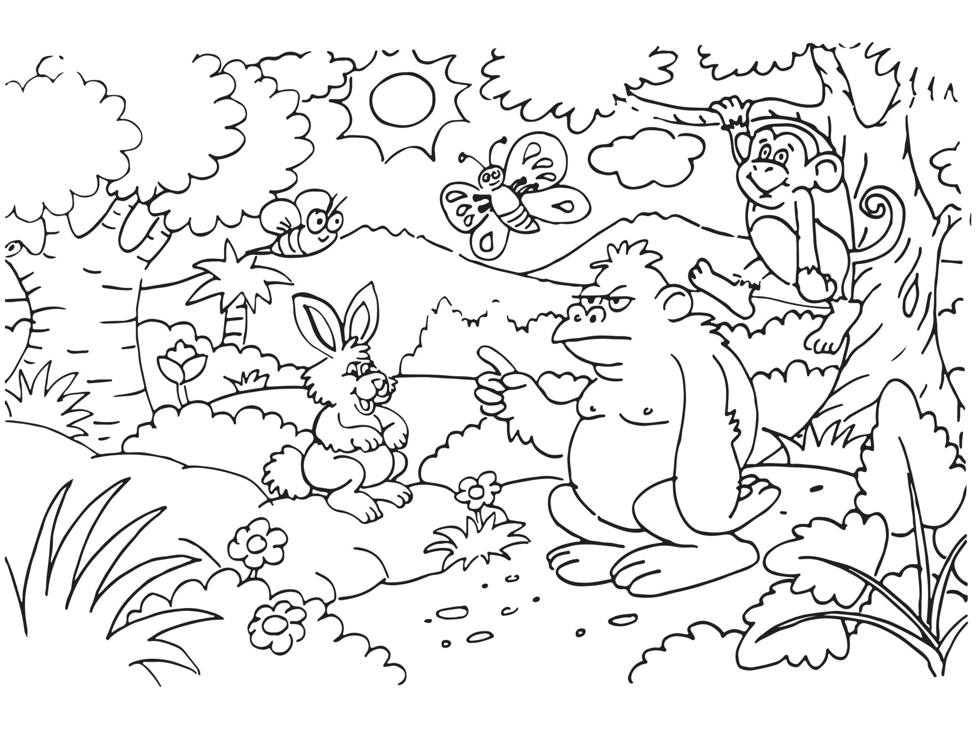 Line art of animals in the forest. Suitable for coloring book, coloring