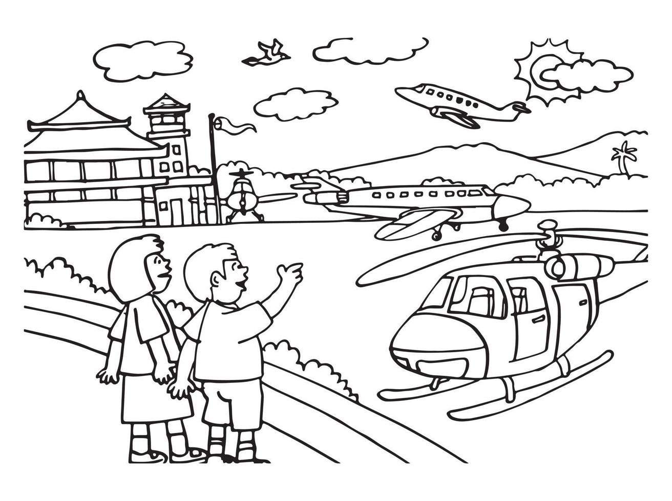 Vector illustration of the kids are at the airport and looking at the plane. Suitable for coloring book, coloring pages, poster, etc