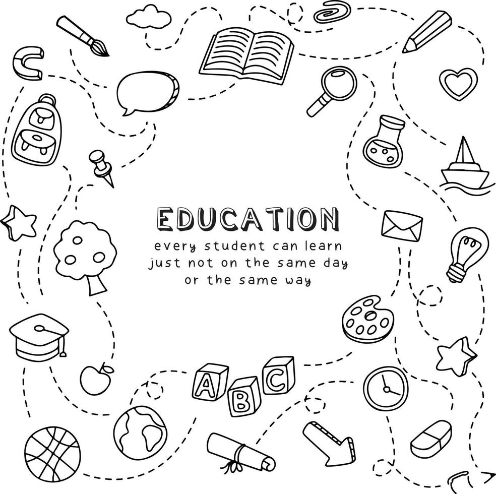 Education. Every student can learn, just not on the same day or the same way. Education doodle quotes vector