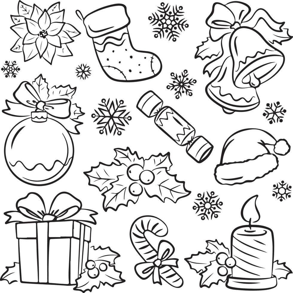 Vector illustration of christmas stuff such as christmas gift, shocks, candy, bell, etc. Suitable for coloring book, coloring pages, etc