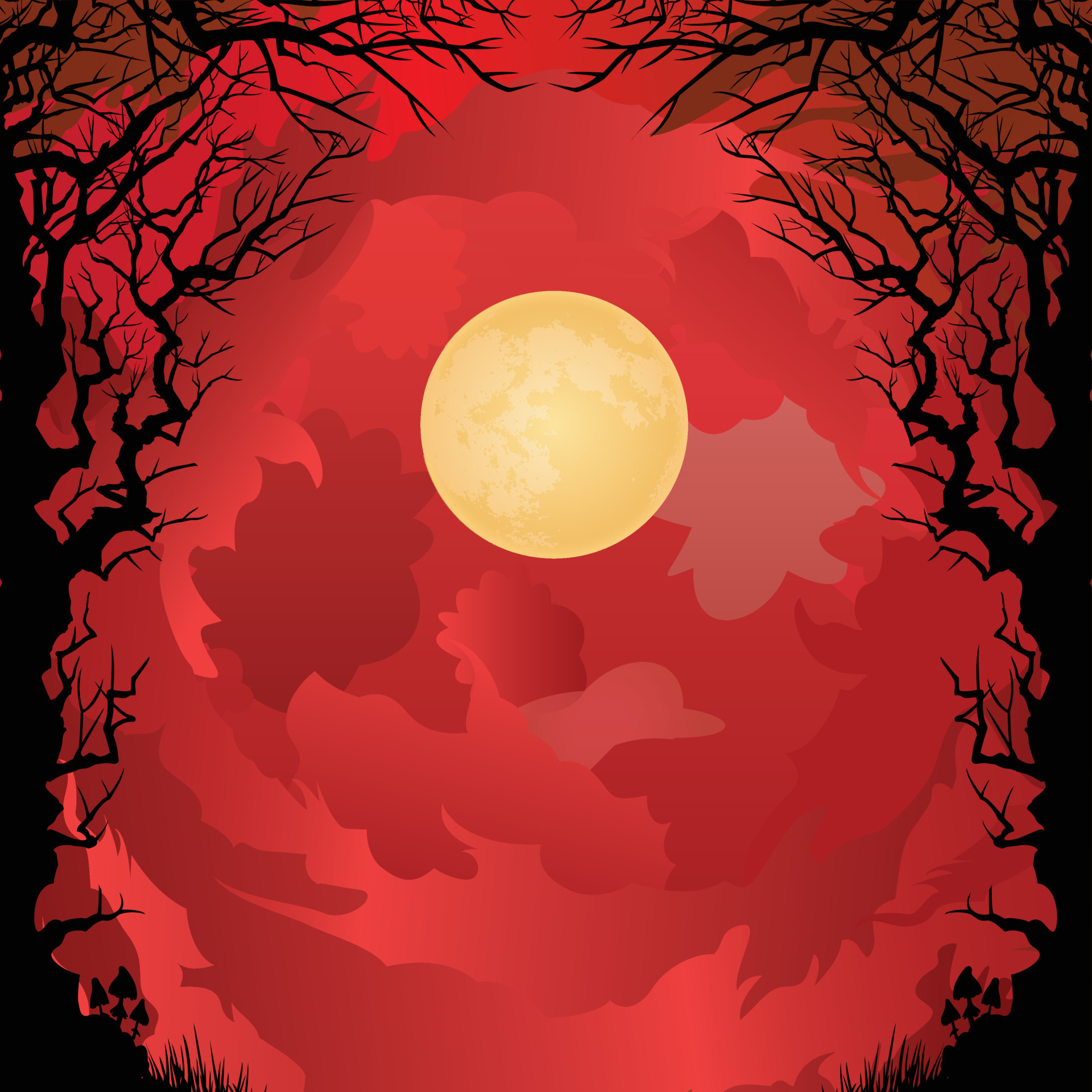 Spooky dark forest with red sky and the moon. Vector illustration with