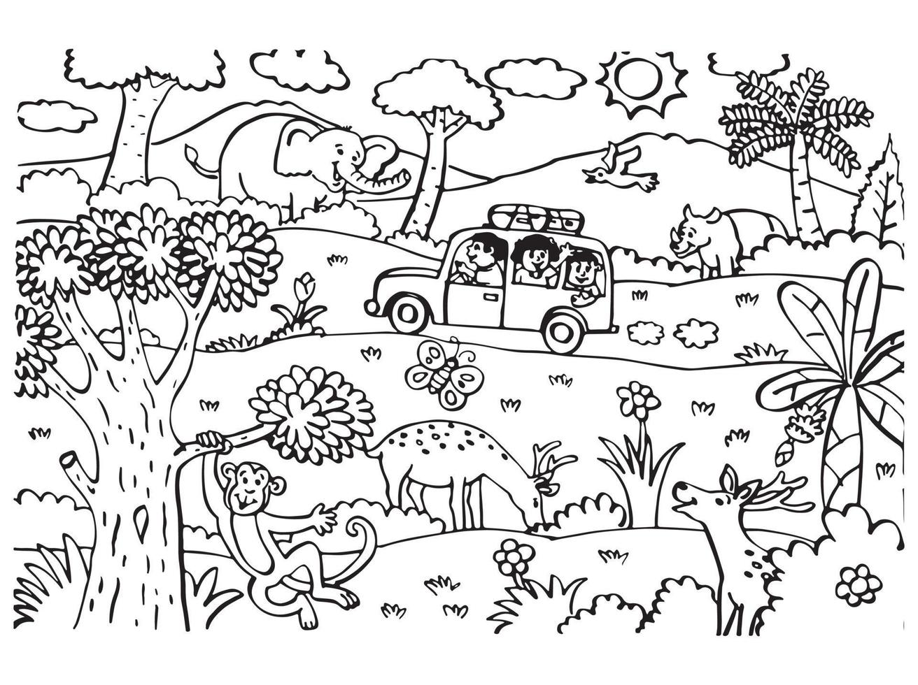 un familia es conducción el coche mediante el bosque y allí son animales en el bosque. usado para colorante libro vector