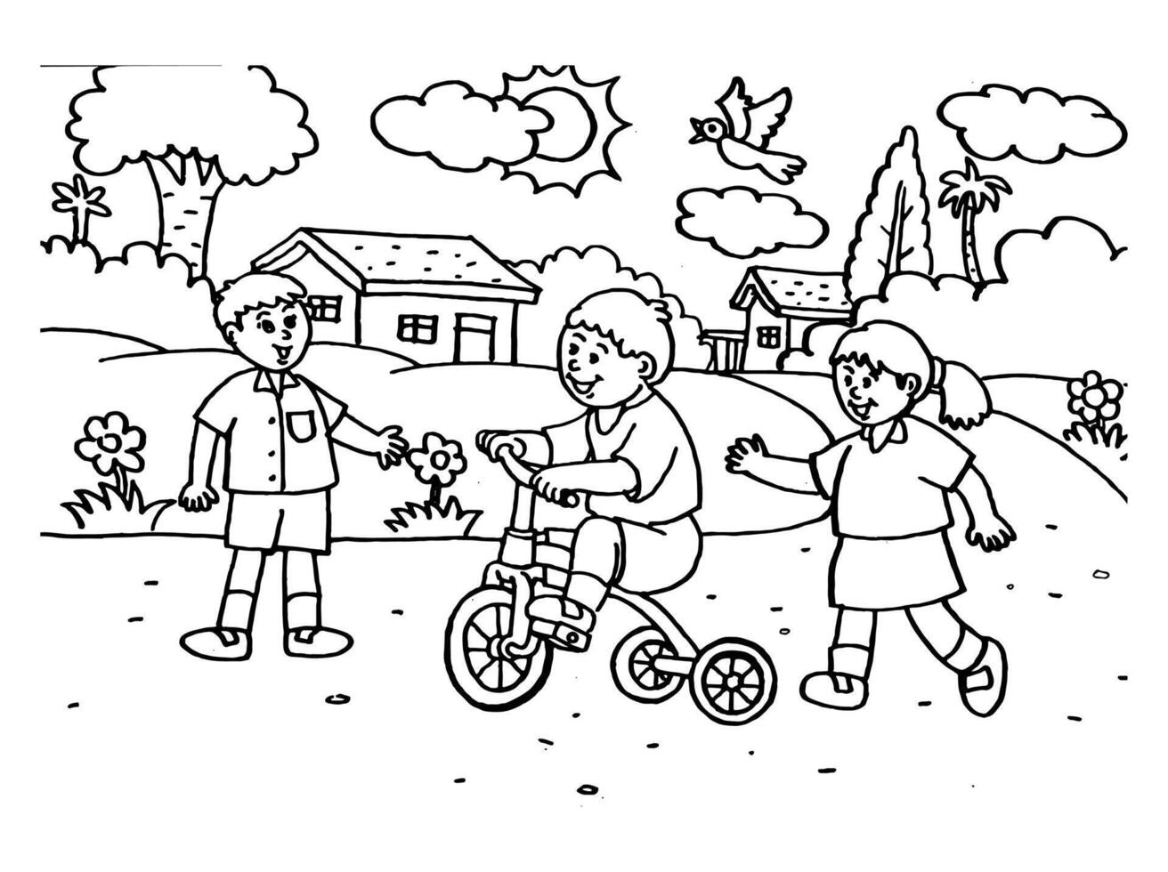 Vector illustration of kids riding bikes with friends. Suitable for coloring book, coloring pages, poster, banner, etc