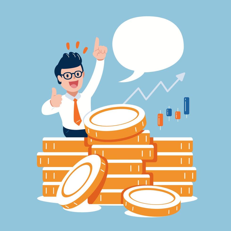 Vector cartoon character happy businessman with money coin stack and speech bubble