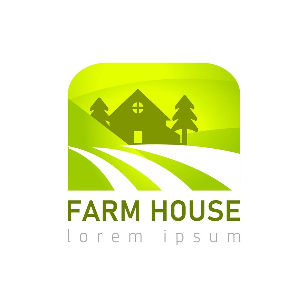 Farm House concept logo. Template with farm landscape. Label for natural farm products. vector