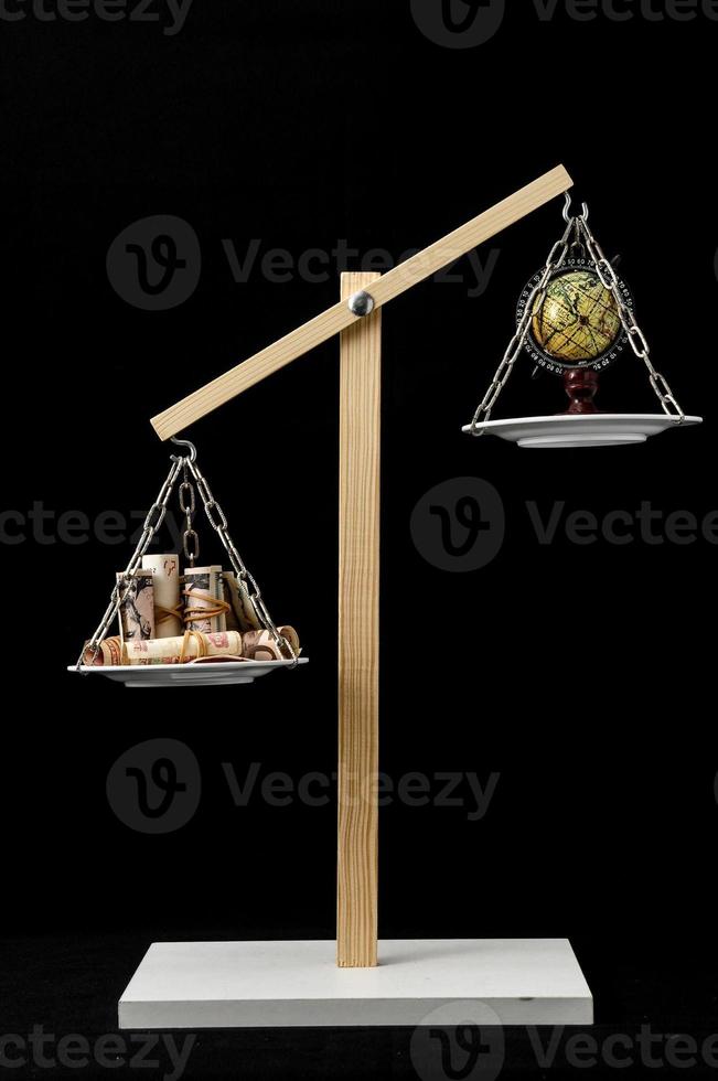 Scale weighing money and globe photo