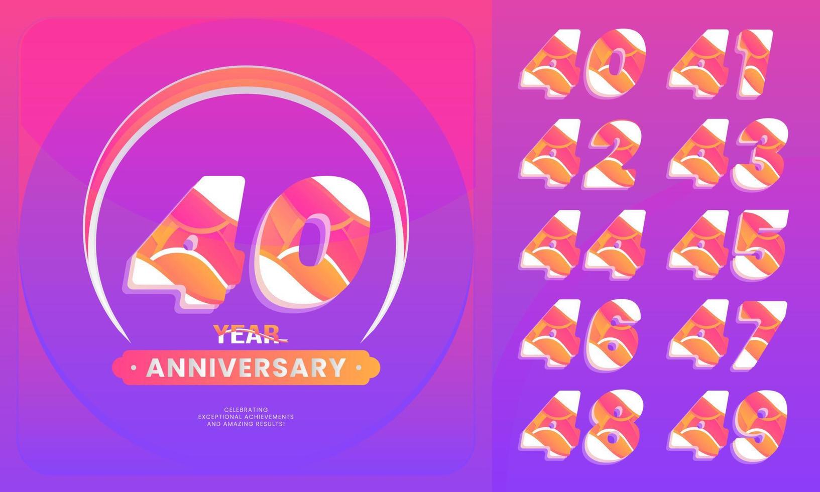 número conjuntos 40-49 año aniversario celebracion. logotipo estilo con escritura Violeta color para celebracion evento, boda, saludo tarjeta, y invitación. vector