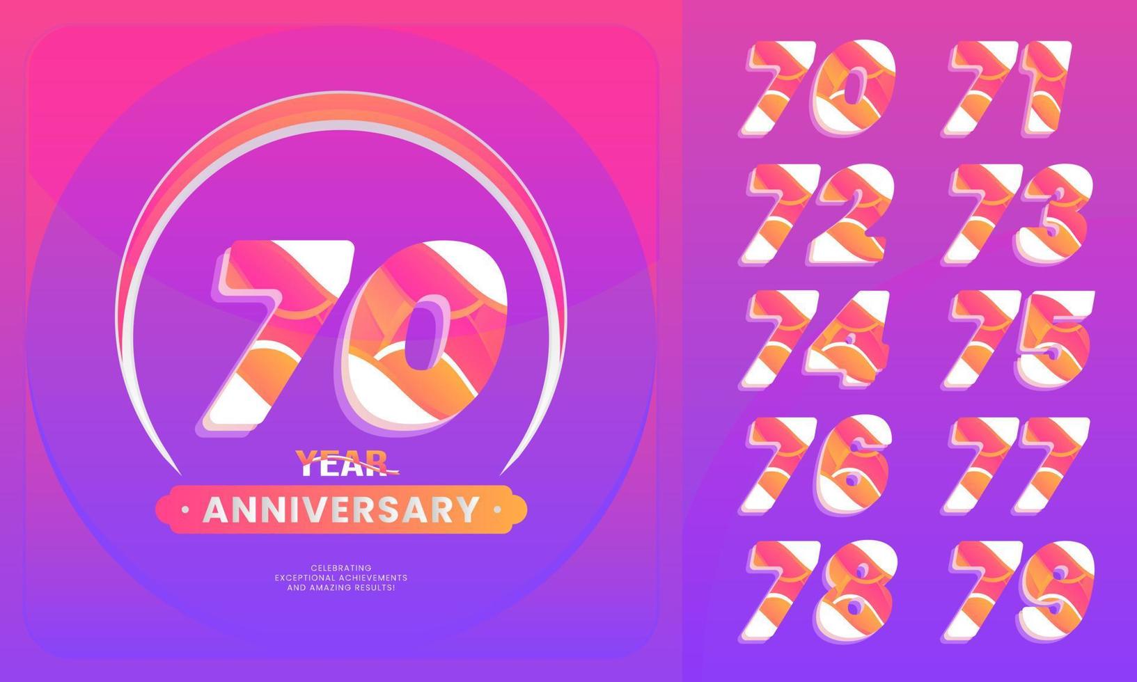 Number sets 70-79 year anniversary celebration.  logotype style with handwriting violet color for celebration event, wedding, greeting card, and invitation. vector