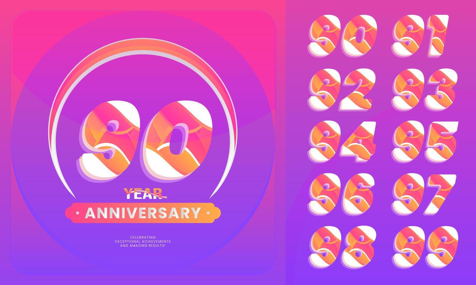 número conjuntos 90-99 año aniversario celebracion. logotipo estilo con escritura Violeta color para celebracion evento, boda, saludo tarjeta, y invitación. vector