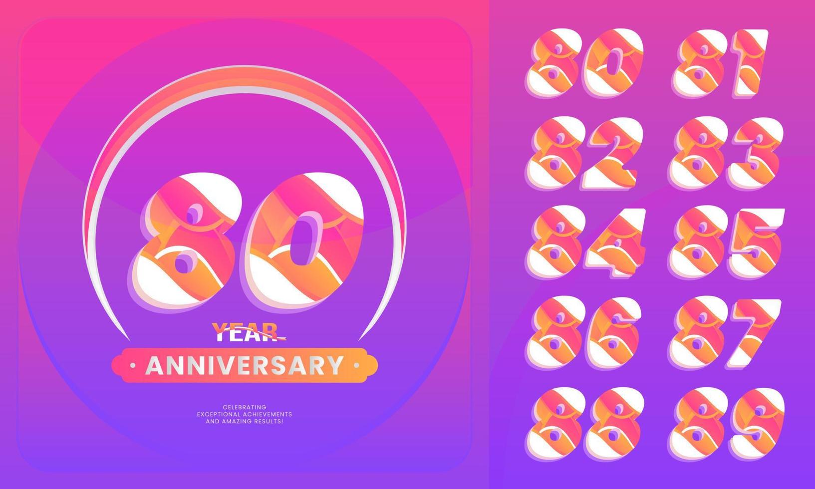 número conjuntos 80-89 año aniversario celebracion. logotipo estilo con escritura Violeta color para celebracion evento, boda, saludo tarjeta, y invitación. vector