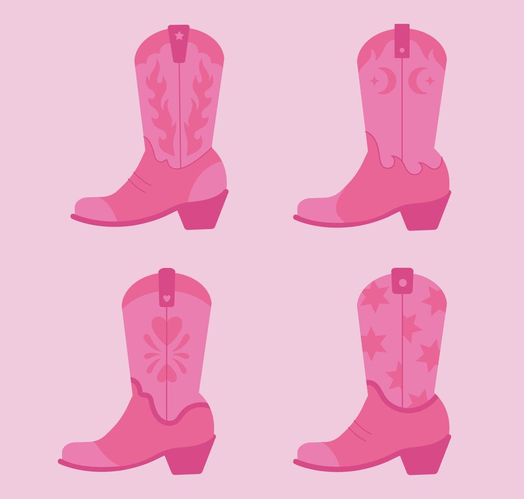 Set of pink vector cowboy boots illustration. Cowgirl wild west elements groove style