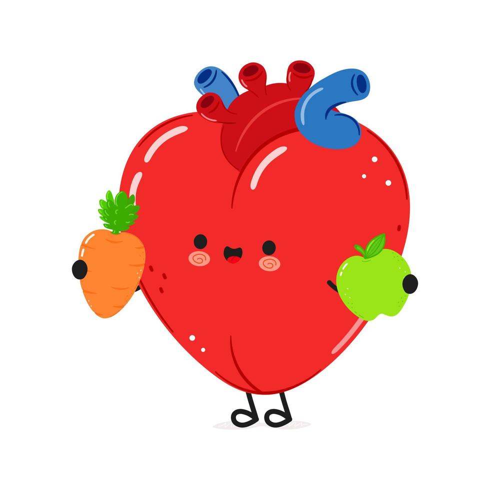 Cute heart organ with carrot, apple. Vector hand drawn doodle style cartoon character illustration icon design. Card with cute happy heart organ