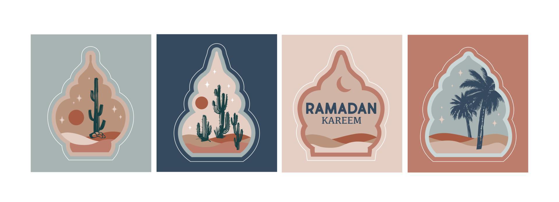 Ramadan. Collection of oriental style Islamic windows, palm trees, cactus and desert vector