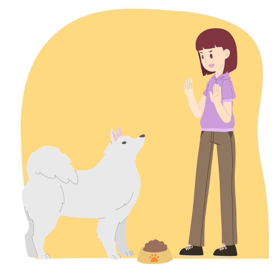 joven mujer formación Samoyedo perro raza a pacientemente esperando para tratar vector
