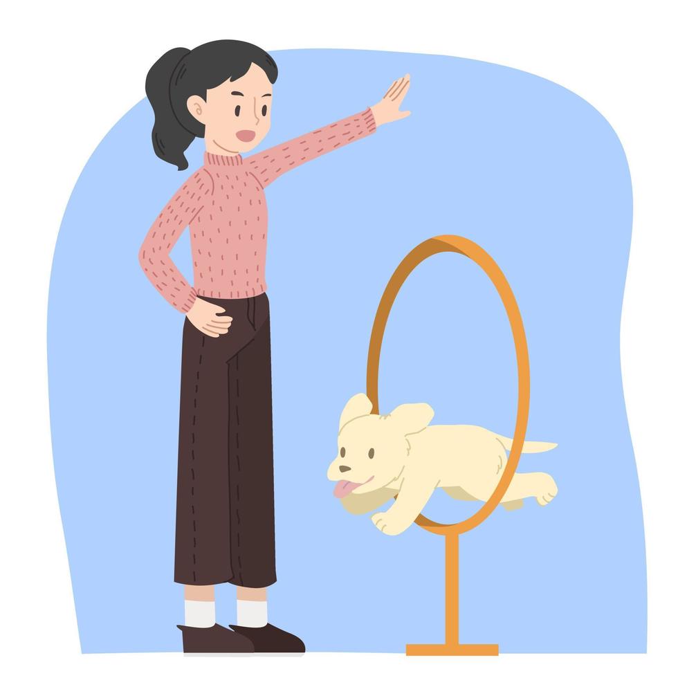Young woman training golden retriever puppy to jump through circus loop vector