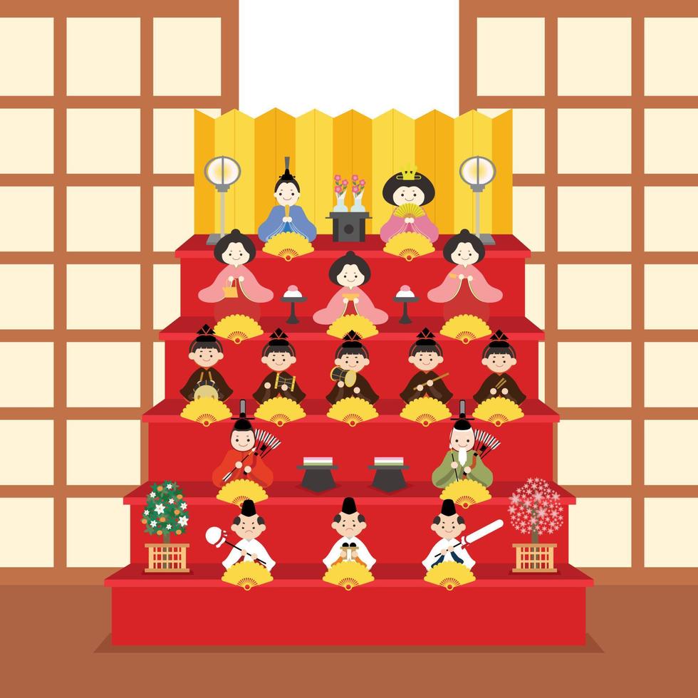 Hinakazari, hina matsuri dolls set vector illustration