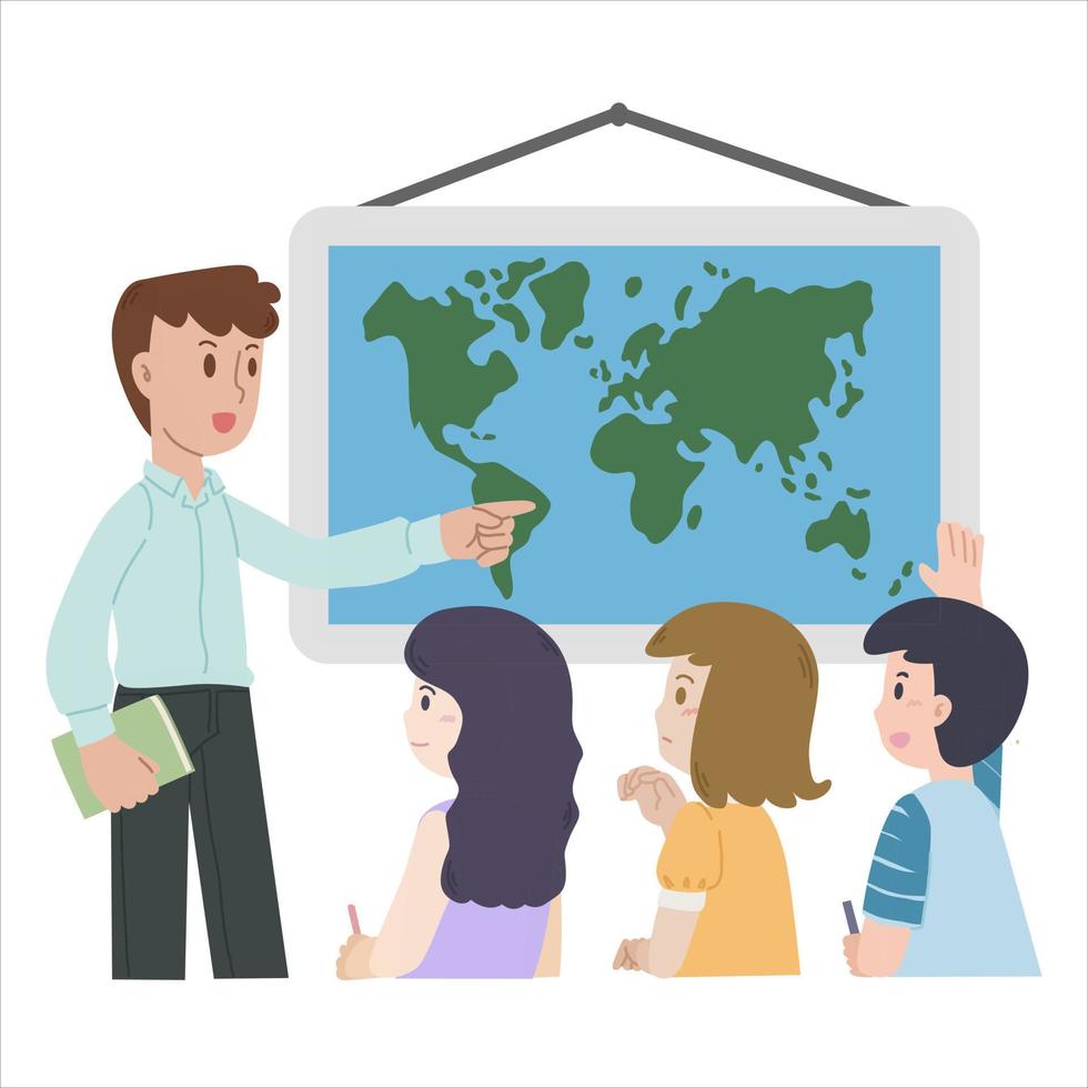 Young male school teacher teaching social study to students using the world map. Students concentrate on the subject vector