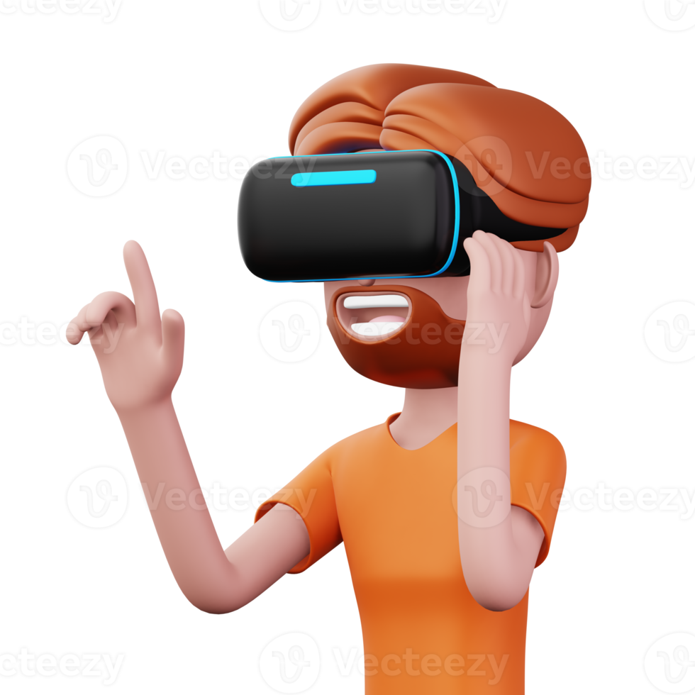 feliz homem usando virtual realidade fone de ouvido, fofa desenho animado personagem com vr, 3d Renderização png