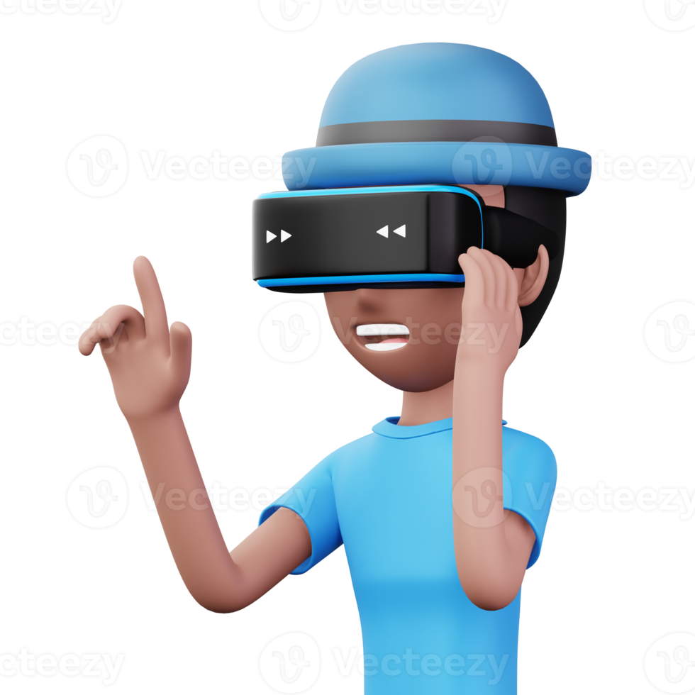 gelukkig Mens gebruik makend van virtueel realiteit koptelefoon, schattig tekenfilm karakter met vr, 3d renderen png