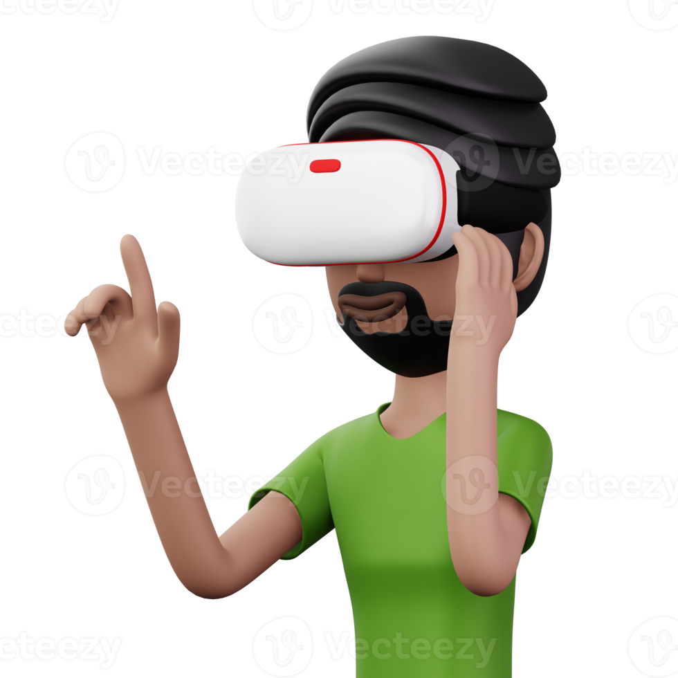 glücklich Mann mit virtuell Wirklichkeit Headset, süß Karikatur Charakter mit vr, 3d Rendern png