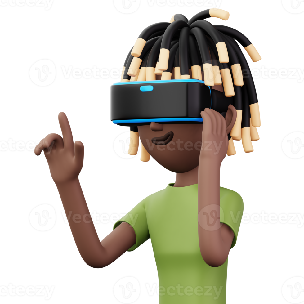 Happy man using virtual reality headset, Cute cartoon character with VR, 3d rendering png