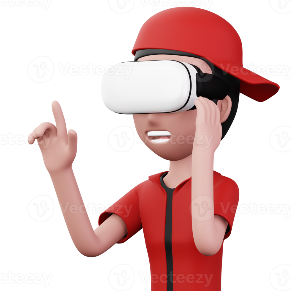 feliz homem usando virtual realidade fone de ouvido, fofa desenho animado personagem com vr, 3d Renderização png