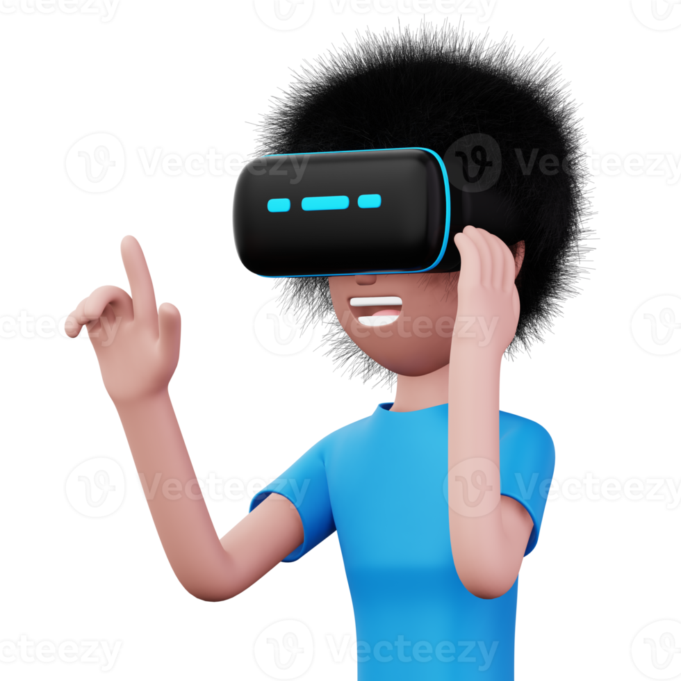 contento hombre utilizando virtual realidad auriculares, linda dibujos animados personaje con realidad virtual, 3d representación png