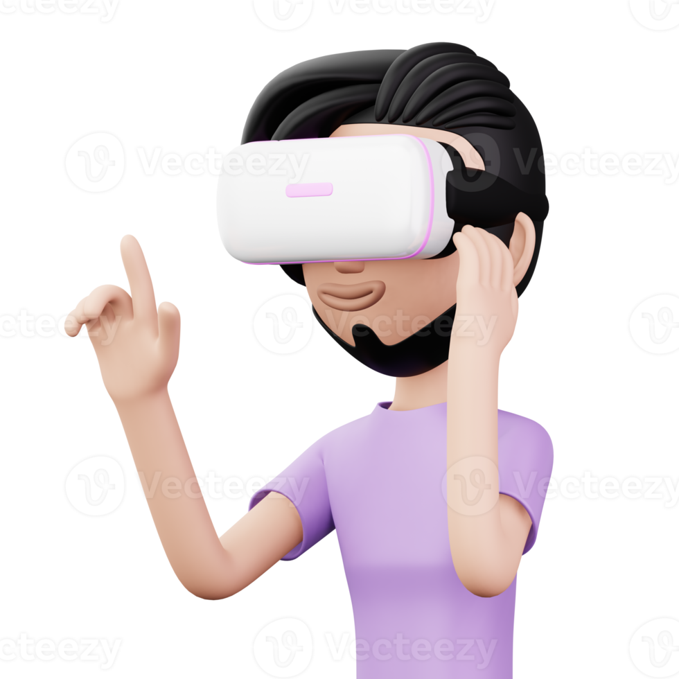 feliz homem usando virtual realidade fone de ouvido, fofa desenho animado personagem com vr, 3d Renderização png