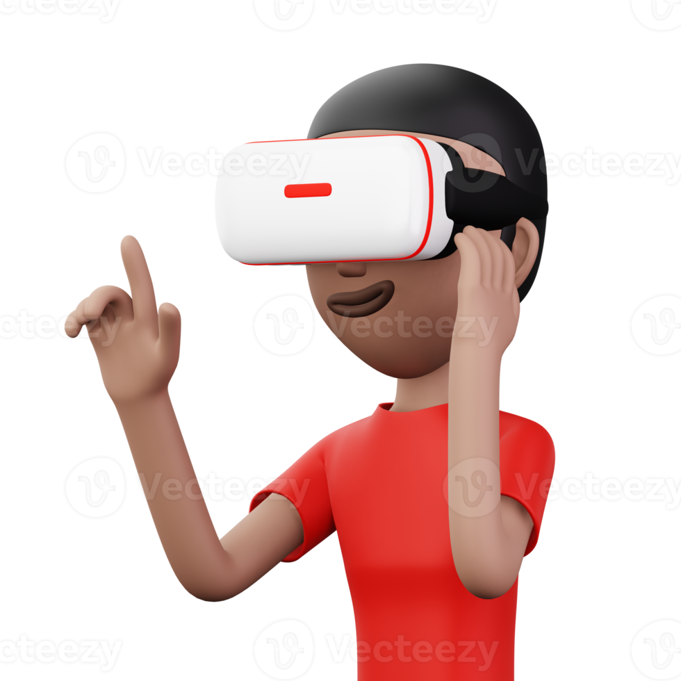 Happy man using virtual reality headset, Cute cartoon character with VR, 3d rendering png