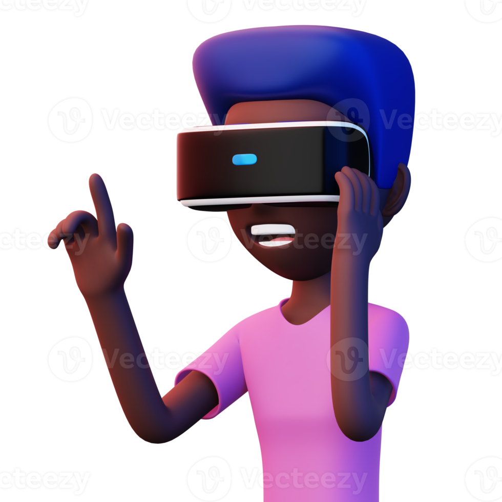 feliz homem usando virtual realidade fone de ouvido, fofa desenho animado personagem com vr, 3d Renderização png