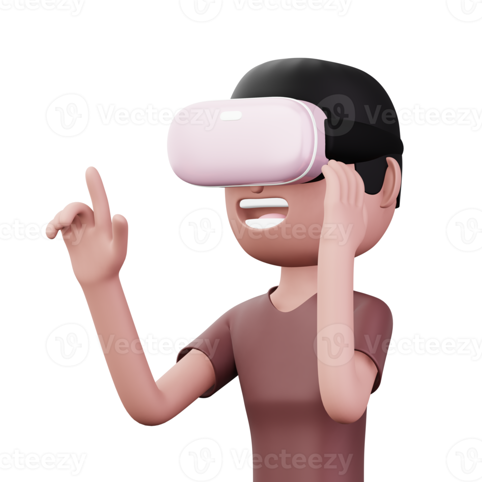 feliz homem usando virtual realidade fone de ouvido, fofa desenho animado personagem com vr, 3d Renderização png