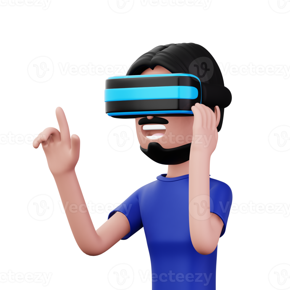 Happy man using virtual reality headset, Cute cartoon character with VR, 3d rendering png