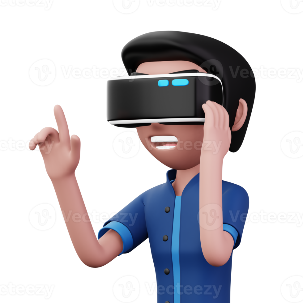 feliz homem usando virtual realidade fone de ouvido, fofa desenho animado personagem com vr, 3d Renderização png