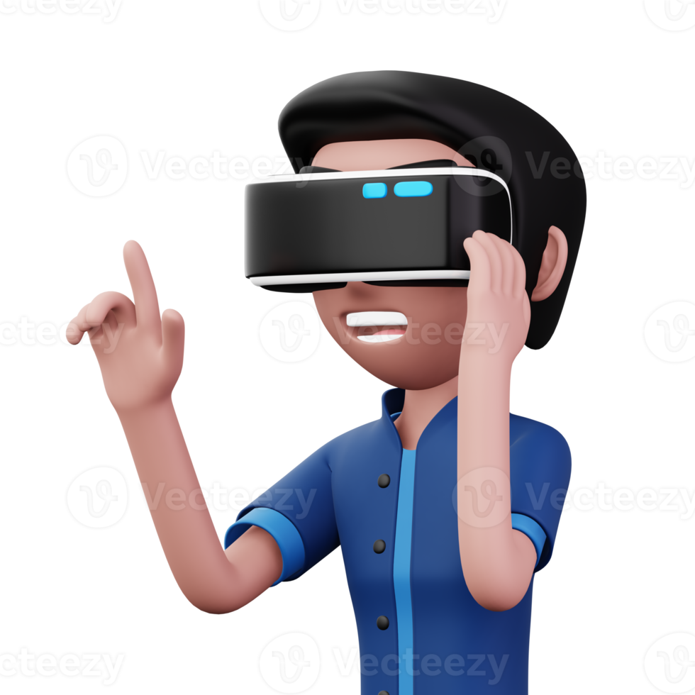 feliz homem usando virtual realidade fone de ouvido, fofa desenho animado personagem com vr, 3d Renderização png