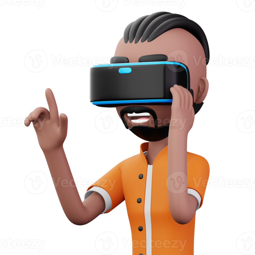 gelukkig Mens gebruik makend van virtueel realiteit koptelefoon, schattig tekenfilm karakter met vr, 3d renderen png