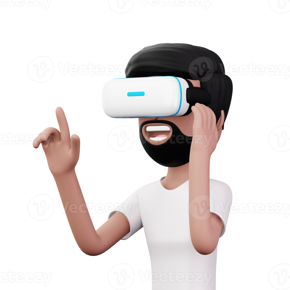 Happy man using virtual reality headset, Cute cartoon character with VR, 3d rendering png