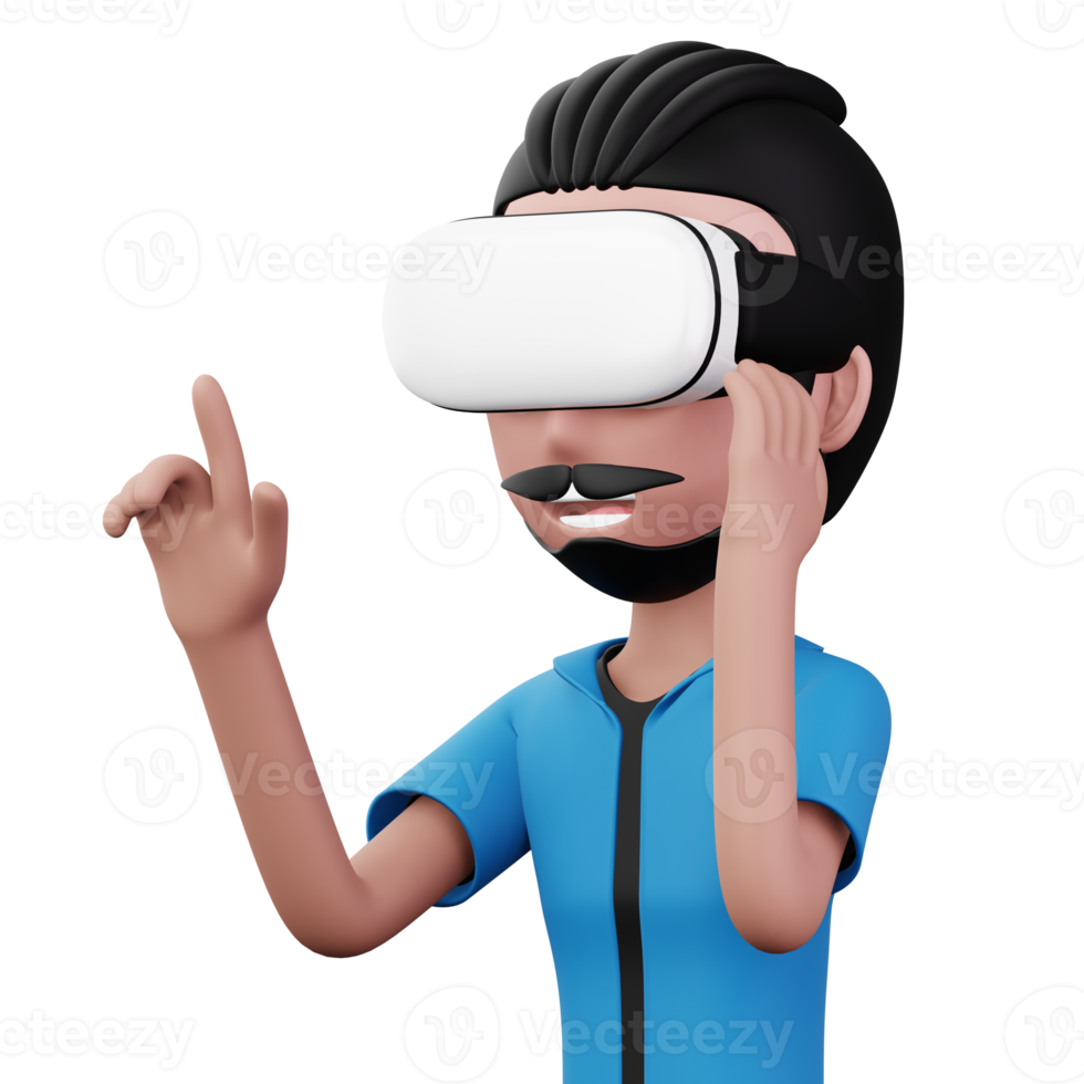 feliz homem usando virtual realidade fone de ouvido, fofa desenho animado personagem com vr, 3d Renderização png