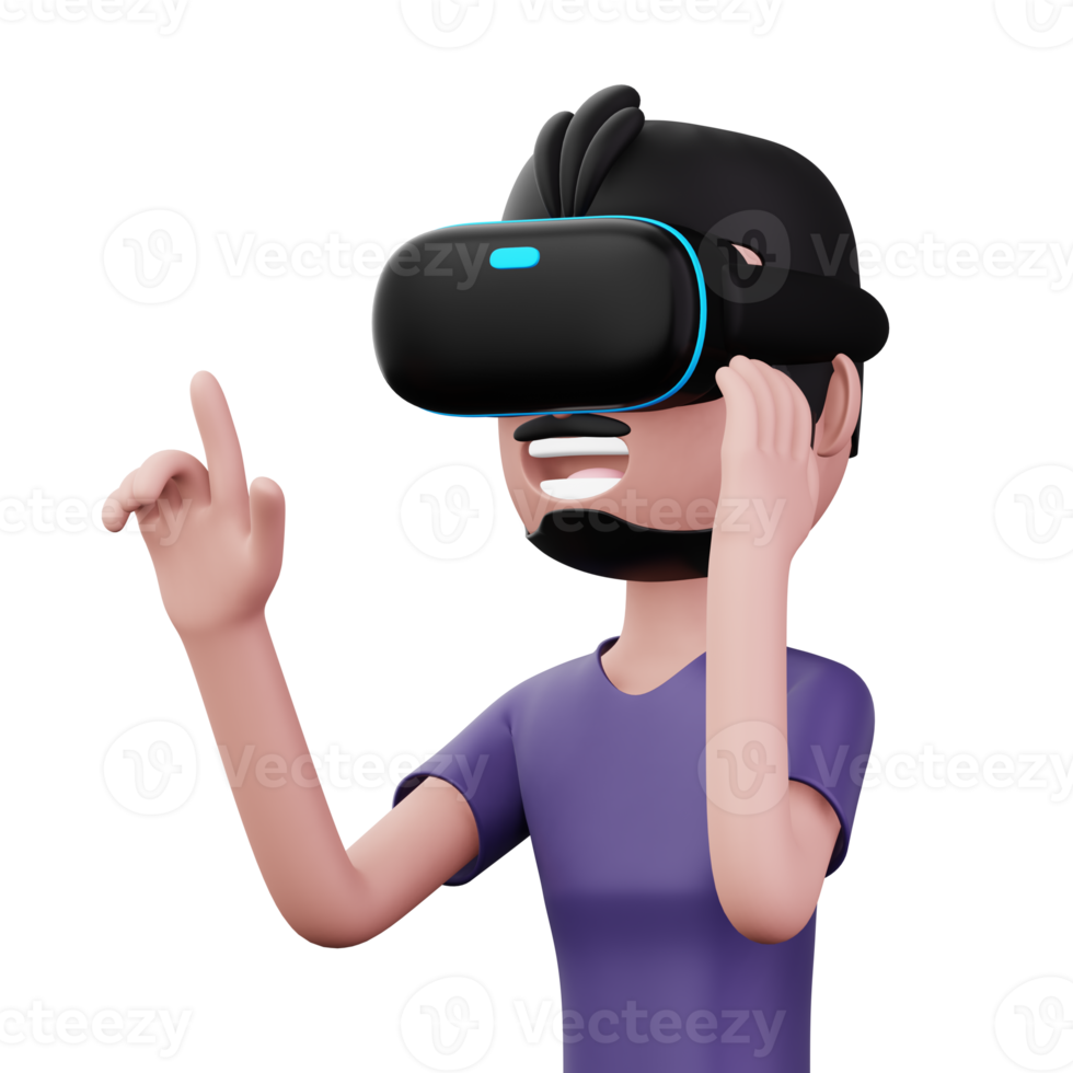 feliz homem usando virtual realidade fone de ouvido, fofa desenho animado personagem com vr, 3d Renderização png