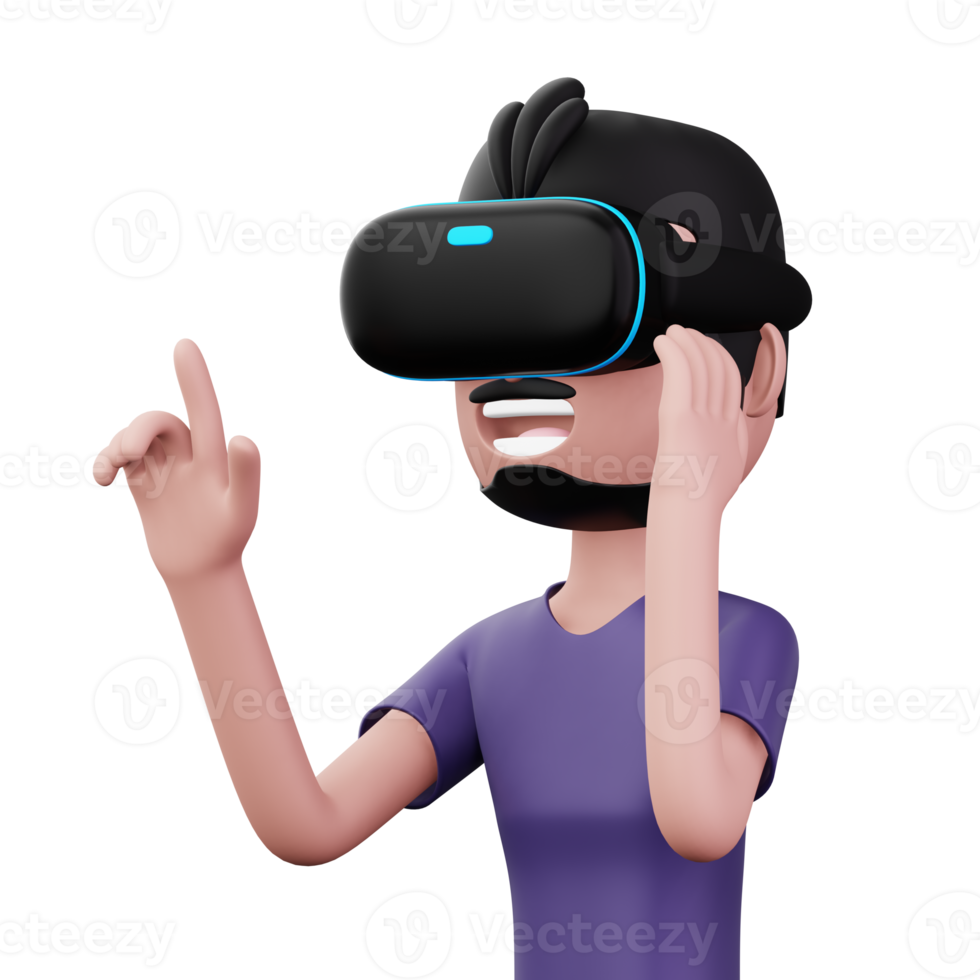 contento uomo utilizzando virtuale la realtà cuffia, carino cartone animato personaggio con vr, 3d interpretazione png