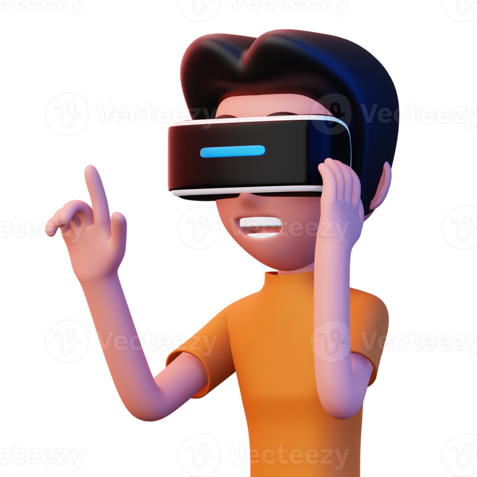 gelukkig Mens gebruik makend van virtueel realiteit koptelefoon, schattig tekenfilm karakter met vr, 3d renderen png